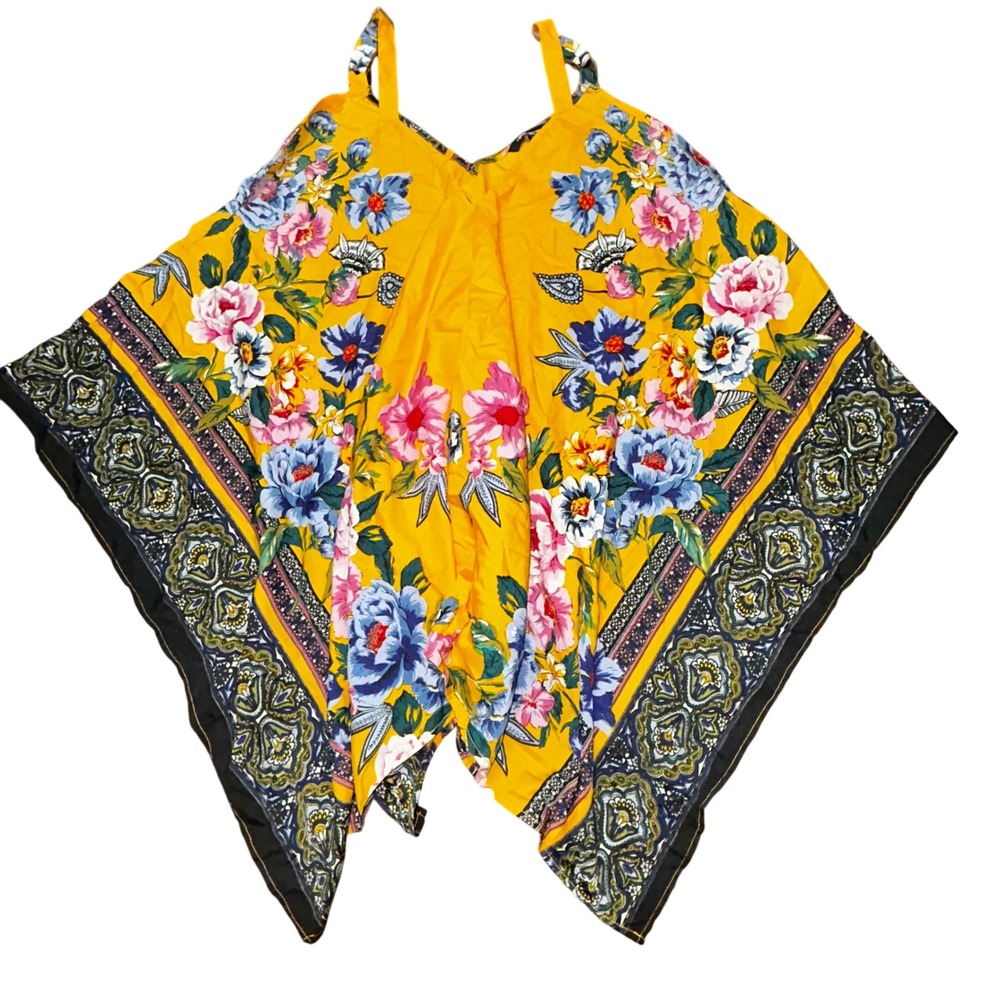 Unique Spectrum 1X Yellow Floral Handkerchief Hem Tank Top Boho Paisley Blouse